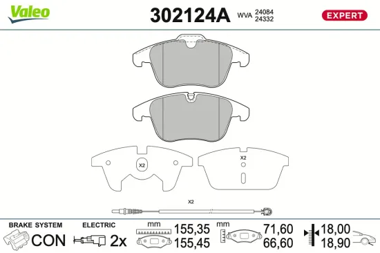 Bremsbelagsatz, Scheibenbremse Vorderachse VALEO 302124A Bild Bremsbelagsatz, Scheibenbremse Vorderachse VALEO 302124A