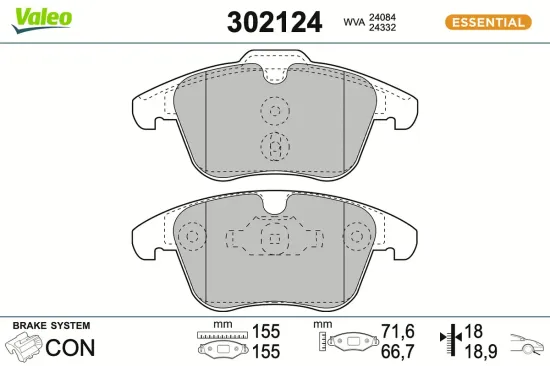 Bremsbelagsatz, Scheibenbremse Vorderachse VALEO 302124 Bild Bremsbelagsatz, Scheibenbremse Vorderachse VALEO 302124