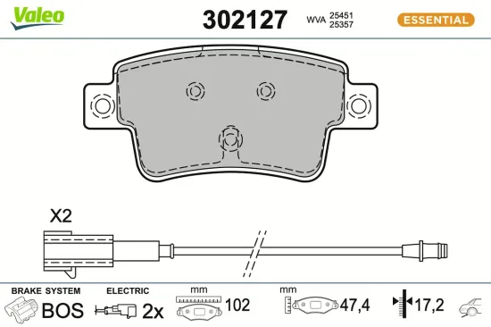 Bremsbelagsatz, Scheibenbremse Hinterachse VALEO 302127 Bild Bremsbelagsatz, Scheibenbremse Hinterachse VALEO 302127