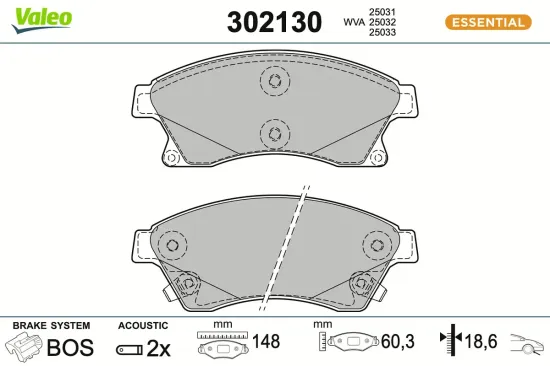 Bremsbelagsatz, Scheibenbremse Vorderachse VALEO 302130 Bild Bremsbelagsatz, Scheibenbremse Vorderachse VALEO 302130