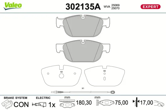 Bremsbelagsatz, Scheibenbremse Vorderachse VALEO 302135A Bild Bremsbelagsatz, Scheibenbremse Vorderachse VALEO 302135A