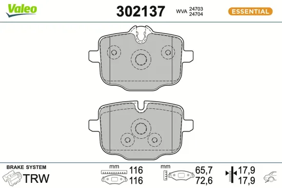 Bremsbelagsatz, Scheibenbremse Hinterachse VALEO 302137 Bild Bremsbelagsatz, Scheibenbremse Hinterachse VALEO 302137