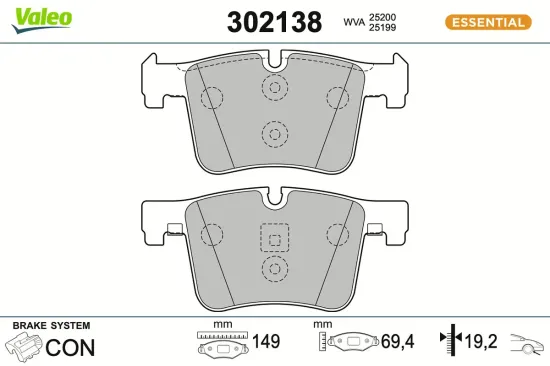 Bremsbelagsatz, Scheibenbremse Vorderachse VALEO 302138 Bild Bremsbelagsatz, Scheibenbremse Vorderachse VALEO 302138