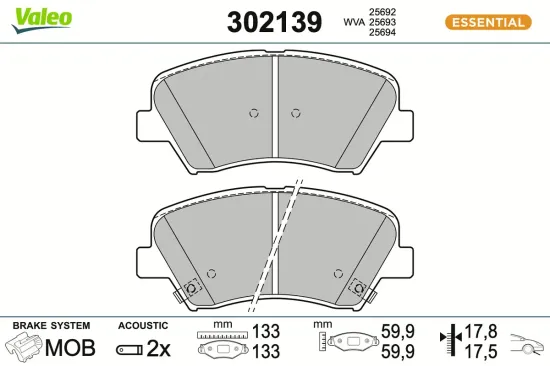 Bremsbelagsatz, Scheibenbremse Vorderachse VALEO 302139 Bild Bremsbelagsatz, Scheibenbremse Vorderachse VALEO 302139