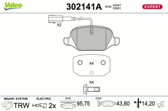 Bremsbelagsatz, Scheibenbremse Hinterachse VALEO 302141A Bild Bremsbelagsatz, Scheibenbremse Hinterachse VALEO 302141A