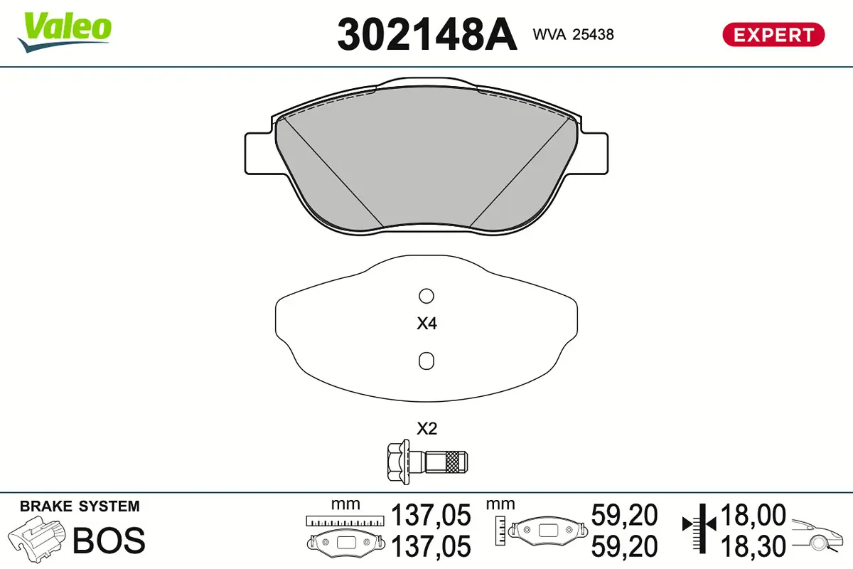 Bremsbelagsatz, Scheibenbremse Vorderachse VALEO 302148A