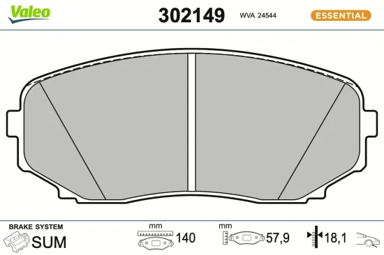 Bremsbelagsatz, Scheibenbremse Vorderachse VALEO 302149 Bild Bremsbelagsatz, Scheibenbremse Vorderachse VALEO 302149