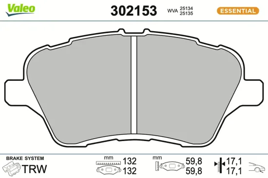 Bremsbelagsatz, Scheibenbremse Vorderachse VALEO 302153 Bild Bremsbelagsatz, Scheibenbremse Vorderachse VALEO 302153