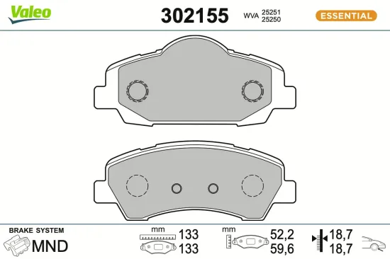 Bremsbelagsatz, Scheibenbremse Vorderachse VALEO 302155 Bild Bremsbelagsatz, Scheibenbremse Vorderachse VALEO 302155