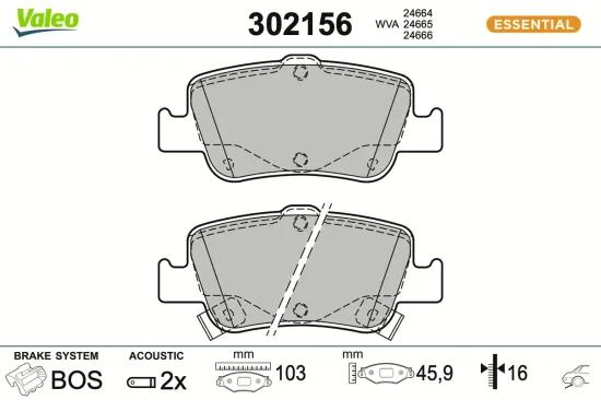 Bremsbelagsatz, Scheibenbremse Hinterachse VALEO 302156 Bild Bremsbelagsatz, Scheibenbremse Hinterachse VALEO 302156