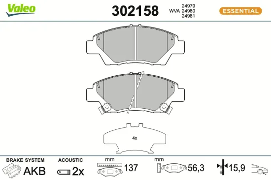 Bremsbelagsatz, Scheibenbremse Vorderachse VALEO 302158 Bild Bremsbelagsatz, Scheibenbremse Vorderachse VALEO 302158