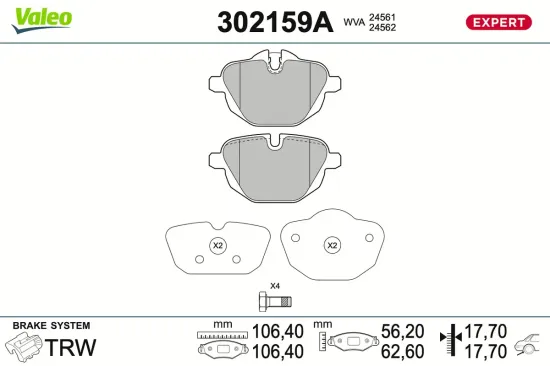 Bremsbelagsatz, Scheibenbremse Hinterachse VALEO 302159A Bild Bremsbelagsatz, Scheibenbremse Hinterachse VALEO 302159A