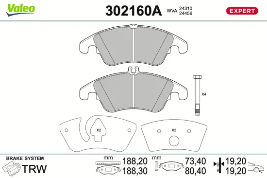 Bremsbelagsatz, Scheibenbremse Vorderachse VALEO 302160A Bild Bremsbelagsatz, Scheibenbremse Vorderachse VALEO 302160A