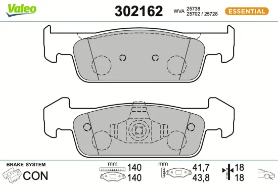 Bremsbelagsatz, Scheibenbremse Vorderachse VALEO 302162 Bild Bremsbelagsatz, Scheibenbremse Vorderachse VALEO 302162