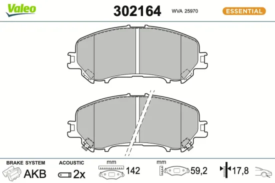 Bremsbelagsatz, Scheibenbremse Vorderachse VALEO 302164 Bild Bremsbelagsatz, Scheibenbremse Vorderachse VALEO 302164