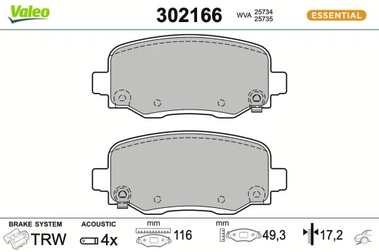 Bremsbelagsatz, Scheibenbremse Hinterachse VALEO 302166 Bild Bremsbelagsatz, Scheibenbremse Hinterachse VALEO 302166