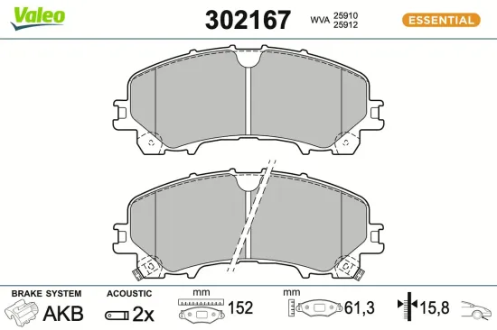 Bremsbelagsatz, Scheibenbremse Vorderachse VALEO 302167 Bild Bremsbelagsatz, Scheibenbremse Vorderachse VALEO 302167
