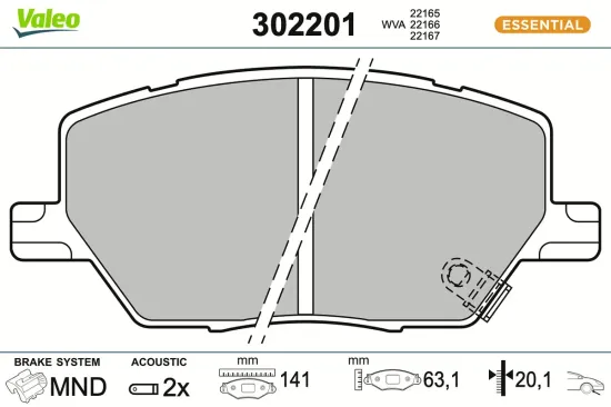 Bremsbelagsatz, Scheibenbremse Vorderachse VALEO 302201 Bild Bremsbelagsatz, Scheibenbremse Vorderachse VALEO 302201