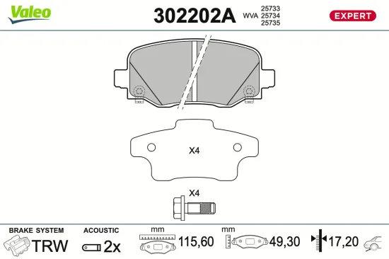 Bremsbelagsatz, Scheibenbremse Hinterachse VALEO 302202A Bild Bremsbelagsatz, Scheibenbremse Hinterachse VALEO 302202A