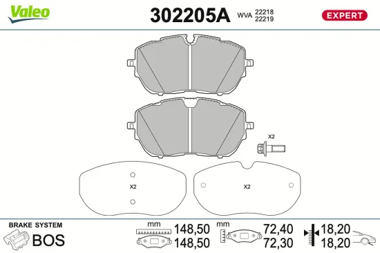 Bremsbelagsatz, Scheibenbremse Vorderachse VALEO 302205A Bild Bremsbelagsatz, Scheibenbremse Vorderachse VALEO 302205A