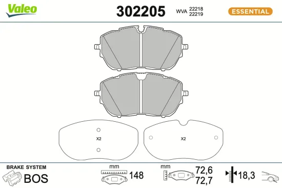 Bremsbelagsatz, Scheibenbremse Vorderachse VALEO 302205 Bild Bremsbelagsatz, Scheibenbremse Vorderachse VALEO 302205