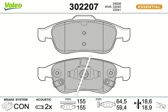 Bremsbelagsatz, Scheibenbremse Vorderachse VALEO 302207 Bild Bremsbelagsatz, Scheibenbremse Vorderachse VALEO 302207