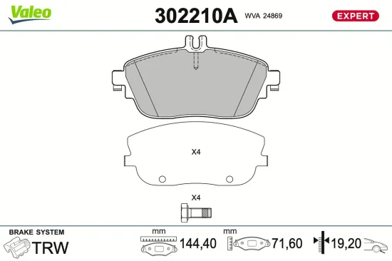 Bremsbelagsatz, Scheibenbremse Vorderachse VALEO 302210A Bild Bremsbelagsatz, Scheibenbremse Vorderachse VALEO 302210A