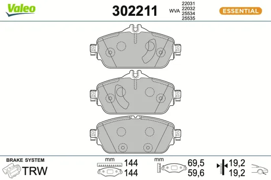 Bremsbelagsatz, Scheibenbremse Vorderachse VALEO 302211 Bild Bremsbelagsatz, Scheibenbremse Vorderachse VALEO 302211