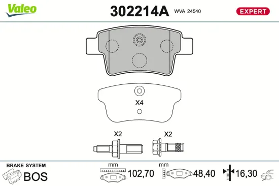 Bremsbelagsatz, Scheibenbremse Hinterachse VALEO 302214A Bild Bremsbelagsatz, Scheibenbremse Hinterachse VALEO 302214A