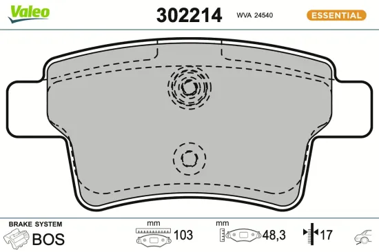 Bremsbelagsatz, Scheibenbremse Hinterachse VALEO 302214 Bild Bremsbelagsatz, Scheibenbremse Hinterachse VALEO 302214