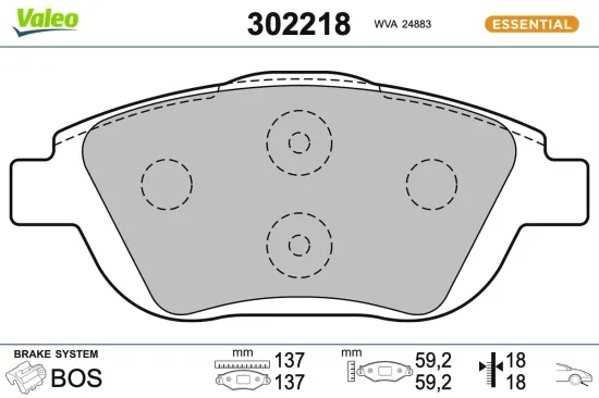 Bremsbelagsatz, Scheibenbremse Vorderachse VALEO 302218 Bild Bremsbelagsatz, Scheibenbremse Vorderachse VALEO 302218