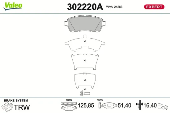 Bremsbelagsatz, Scheibenbremse Vorderachse VALEO 302220A Bild Bremsbelagsatz, Scheibenbremse Vorderachse VALEO 302220A