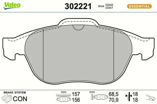 Bremsbelagsatz, Scheibenbremse Vorderachse VALEO 302221 Bild Bremsbelagsatz, Scheibenbremse Vorderachse VALEO 302221