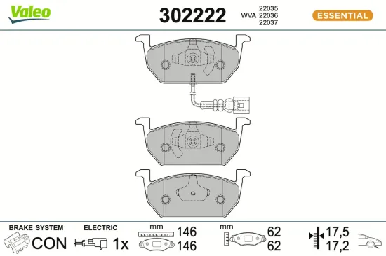 Bremsbelagsatz, Scheibenbremse Vorderachse VALEO 302222 Bild Bremsbelagsatz, Scheibenbremse Vorderachse VALEO 302222