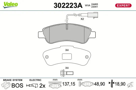 Bremsbelagsatz, Scheibenbremse Hinterachse VALEO 302223A Bild Bremsbelagsatz, Scheibenbremse Hinterachse VALEO 302223A