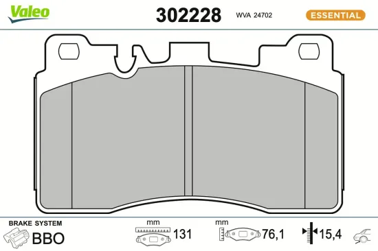 Bremsbelagsatz, Scheibenbremse Hinterachse VALEO 302228 Bild Bremsbelagsatz, Scheibenbremse Hinterachse VALEO 302228