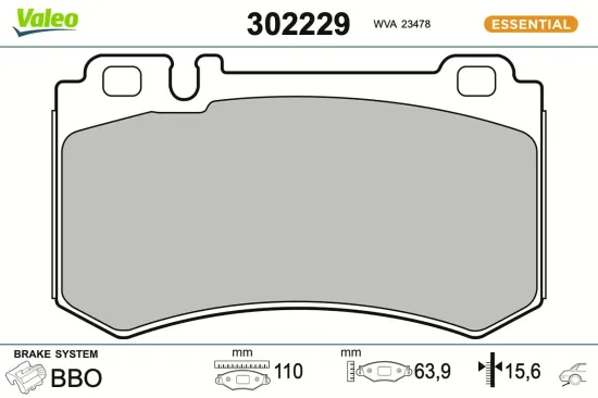 Bremsbelagsatz, Scheibenbremse Hinterachse VALEO 302229 Bild Bremsbelagsatz, Scheibenbremse Hinterachse VALEO 302229