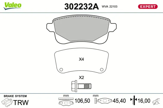 Bremsbelagsatz, Scheibenbremse Hinterachse VALEO 302232A Bild Bremsbelagsatz, Scheibenbremse Hinterachse VALEO 302232A