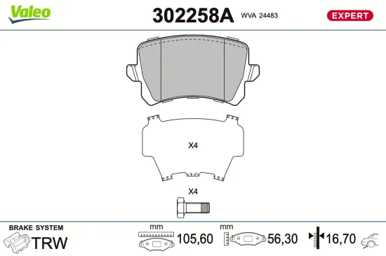 Bremsbelagsatz, Scheibenbremse Hinterachse VALEO 302258A Bild Bremsbelagsatz, Scheibenbremse Hinterachse VALEO 302258A