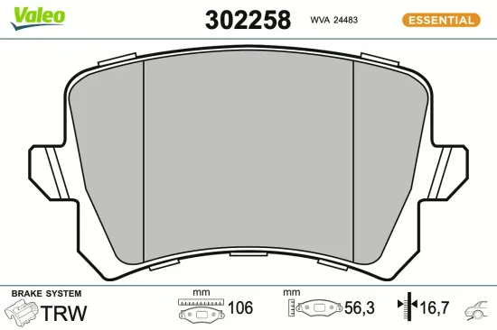 Bremsbelagsatz, Scheibenbremse Hinterachse VALEO 302258 Bild Bremsbelagsatz, Scheibenbremse Hinterachse VALEO 302258