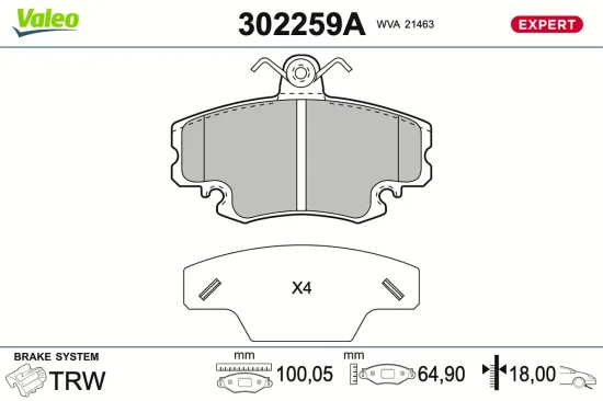 Bremsbelagsatz, Scheibenbremse Vorderachse VALEO 302259A Bild Bremsbelagsatz, Scheibenbremse Vorderachse VALEO 302259A