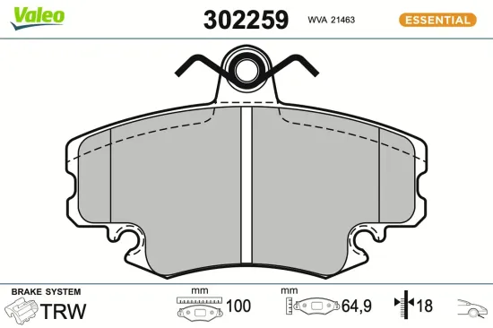 Bremsbelagsatz, Scheibenbremse Vorderachse VALEO 302259 Bild Bremsbelagsatz, Scheibenbremse Vorderachse VALEO 302259
