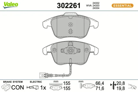 Bremsbelagsatz, Scheibenbremse Vorderachse VALEO 302261 Bild Bremsbelagsatz, Scheibenbremse Vorderachse VALEO 302261