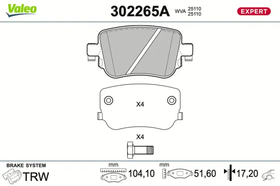 Bremsbelagsatz, Scheibenbremse Hinterachse VALEO 302265A Bild Bremsbelagsatz, Scheibenbremse Hinterachse VALEO 302265A