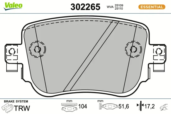 Bremsbelagsatz, Scheibenbremse Hinterachse VALEO 302265 Bild Bremsbelagsatz, Scheibenbremse Hinterachse VALEO 302265