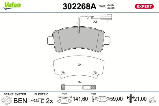 Bremsbelagsatz, Scheibenbremse Hinterachse VALEO 302268A Bild Bremsbelagsatz, Scheibenbremse Hinterachse VALEO 302268A