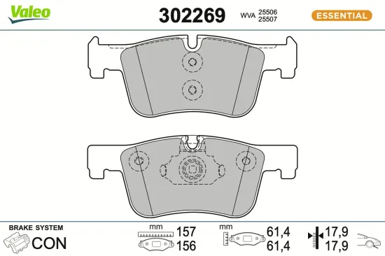 Bremsbelagsatz, Scheibenbremse Vorderachse VALEO 302269 Bild Bremsbelagsatz, Scheibenbremse Vorderachse VALEO 302269
