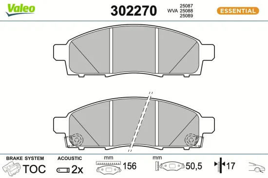 Bremsbelagsatz, Scheibenbremse Vorderachse VALEO 302270 Bild Bremsbelagsatz, Scheibenbremse Vorderachse VALEO 302270