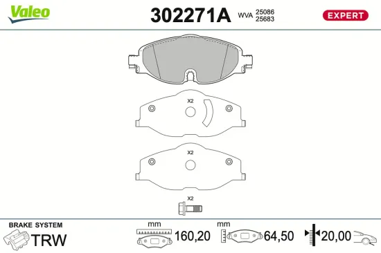 Bremsbelagsatz, Scheibenbremse Vorderachse VALEO 302271A Bild Bremsbelagsatz, Scheibenbremse Vorderachse VALEO 302271A