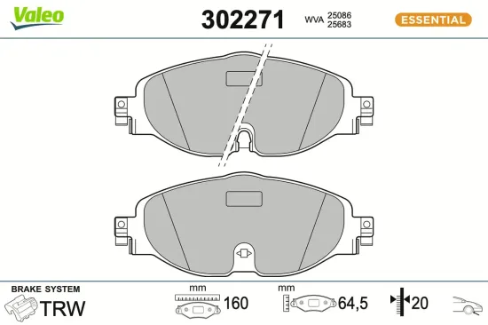 Bremsbelagsatz, Scheibenbremse Vorderachse VALEO 302271 Bild Bremsbelagsatz, Scheibenbremse Vorderachse VALEO 302271